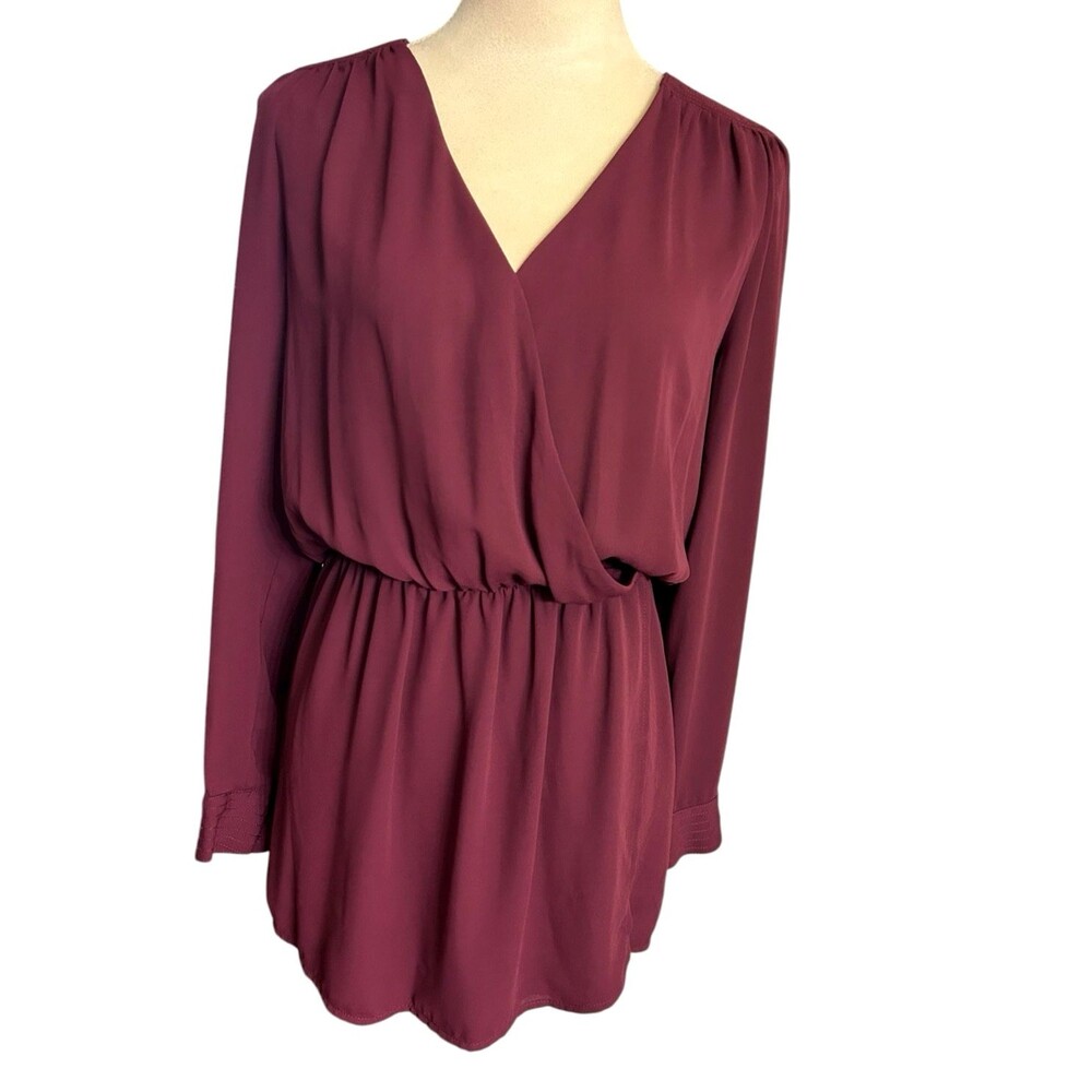 Cache Burgundy Wrap V Neck Back Long Sleeves Elastic Waist Mini Dress Sz S